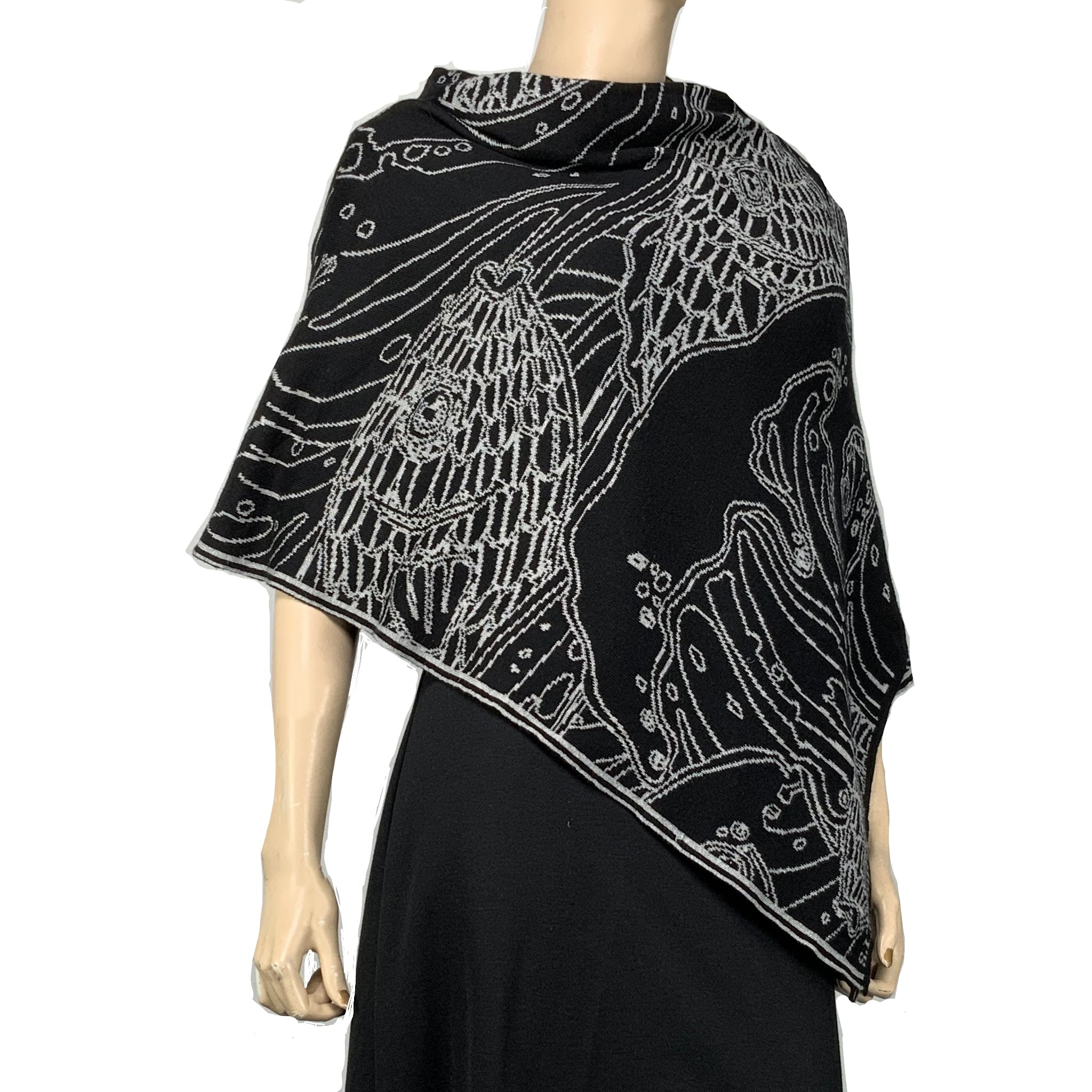 Ocean Shawl Scarf Wrap Black and Light Grey