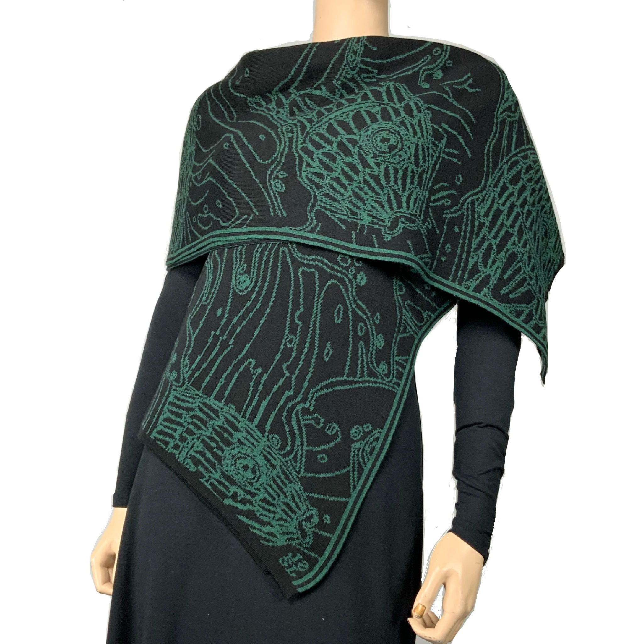 Ocean Shawl Scarf Wrap Black and Hunter Green