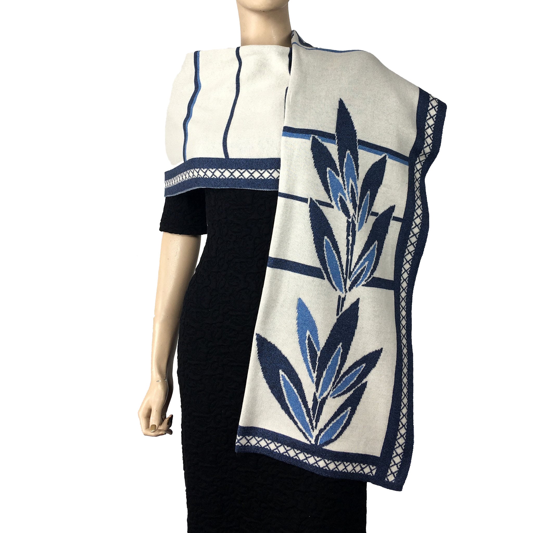 English Flower Shawl, Scarf, Wrap Cream, Black and Light Blue